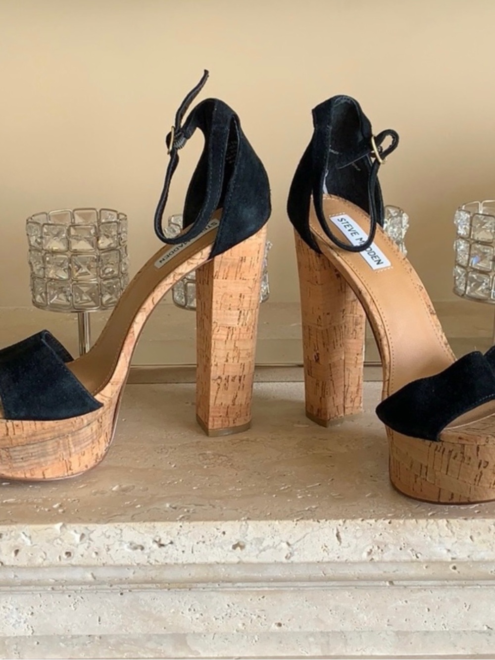 Steve Madden Black Suede Cork Platform Sandals